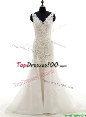 Free and Easy Mermaid V-neck Sleeveless Tulle Wedding Gown Lace Brush Train Clasp Handle