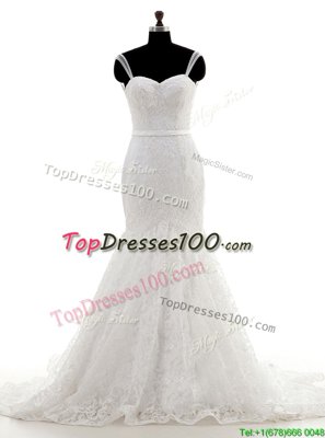 Designer Lace With Train Mermaid Sleeveless White Wedding Dresses Brush Train Backless