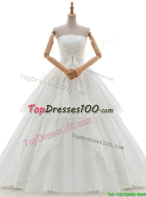 Delicate Ruffled Floor Length White Wedding Dress Strapless Sleeveless Lace Up