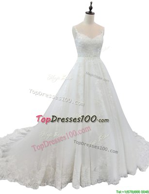 White A-line Tulle Straps Sleeveless Appliques With Train Zipper Wedding Gown Chapel Train