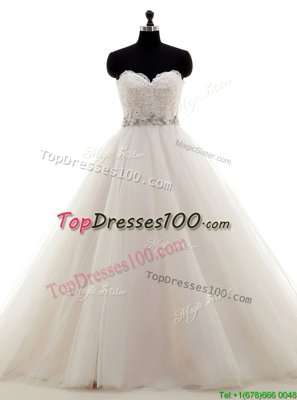 Sweetheart Sleeveless Wedding Gown With Brush Train Beading and Lace White Tulle