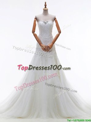 Fabulous Sleeveless Court Train Lace Up With Train Beading and Lace and Appliques Wedding Dress