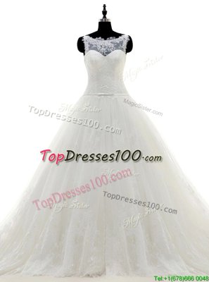 Scoop White Sleeveless Tulle Brush Train Zipper Bridal Gown for Wedding Party