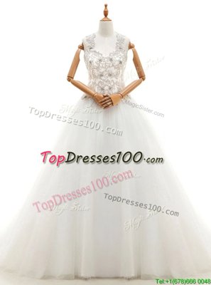 White Tulle Lace Up V-neck Sleeveless With Train Wedding Gowns Brush Train Beading and Lace