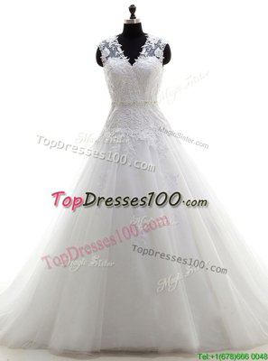 Stunning Sleeveless Brush Train Lace Up With Train Lace and Appliques Wedding Dresses