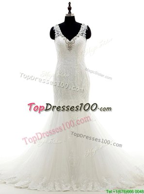 White Mermaid V-neck Sleeveless Tulle and Lace Brush Train Backless Beading Wedding Gown