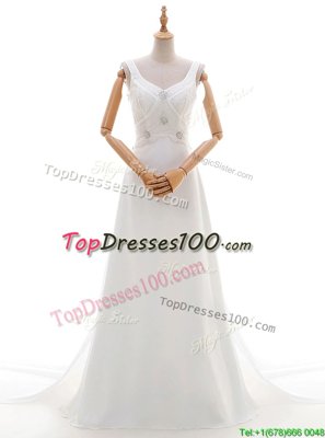 Top Selling Sleeveless Brush Train Beading Backless Wedding Gowns