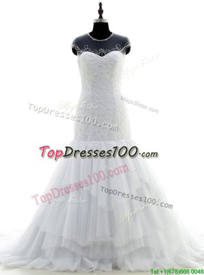 Scoop Short Sleeves Wedding Dress With Brush Train Beading and Lace White Chiffon and Lace