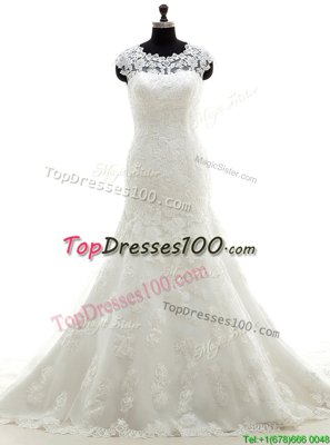 Mermaid Lace White Scoop Neckline Appliques Wedding Gown Sleeveless Clasp Handle