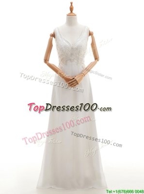 Fantastic White Empire V-neck Sleeveless Silk Like Satin Floor Length Backless Beading Wedding Gowns