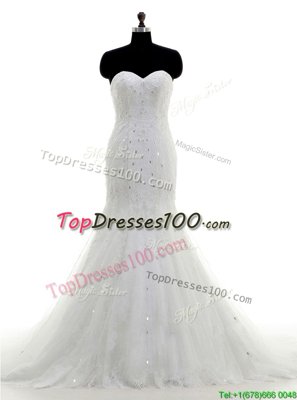 Exquisite Mermaid White Sleeveless With Train Beading and Lace Zipper Wedding Gowns