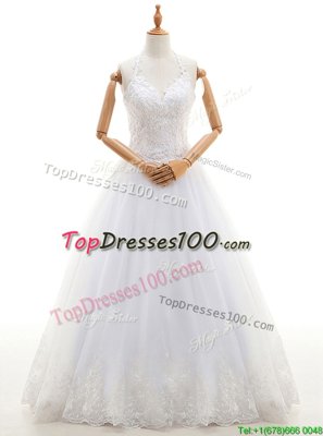 Comfortable Halter Top Sleeveless Wedding Gown Floor Length Lace and Appliques White Organza
