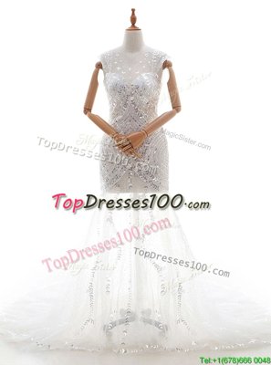 Great Beading and Sequins Wedding Dresses White Zipper Sleeveless With Train Court Train