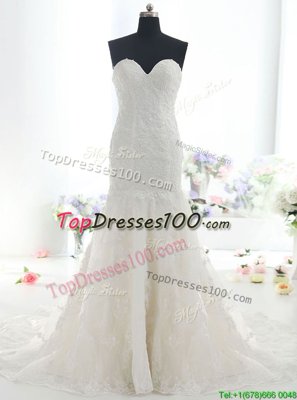 Sweet Mermaid With Train Backless Wedding Dress White and In for Wedding Party with Lace Brush Train