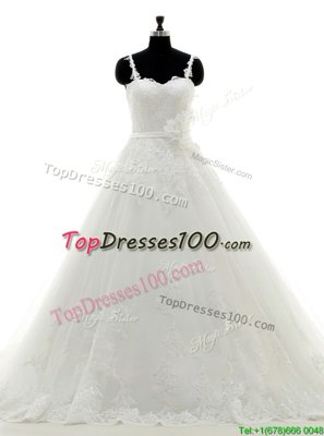 Trendy With Train White Bridal Gown Tulle Brush Train Sleeveless Lace and Appliques and Hand Made Flower