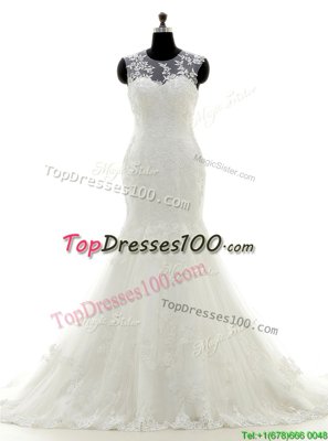 Elegant Mermaid Scoop With Train Zipper Wedding Gowns White and In for Wedding Party with Lace and Appliques Brush Train