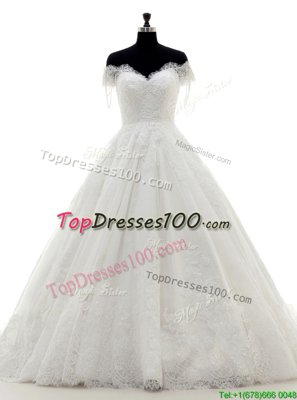 Free and Easy Off the Shoulder Lace With Train A-line Short Sleeves White Wedding Dress Brush Train Clasp Handle