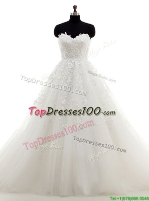 White Sleeveless Tulle Brush Train Clasp Handle Wedding Dress for Wedding Party