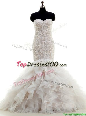 Mermaid With Train Lace Up Wedding Gown White and In for Wedding Party with Lace and Ruffles Brush Train
