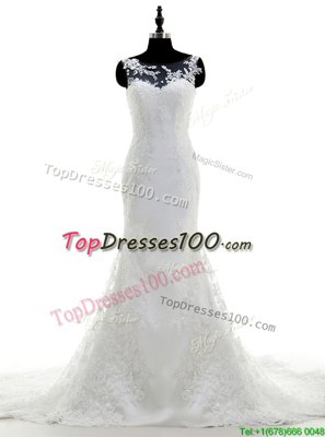 White Organza and Lace Zipper Scoop Sleeveless With Train Bridal Gown Brush Train Appliques
