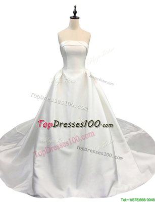Satin Strapless Sleeveless Chapel Train Zipper Ruching Wedding Gown in White