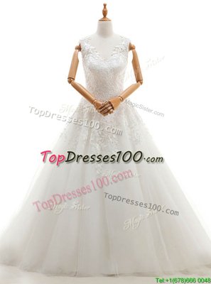 Elegant Sleeveless With Train Appliques Zipper Bridal Gown with White Brush Train