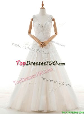 Suitable With Train White Wedding Gowns V-neck Sleeveless Court Train Zipper