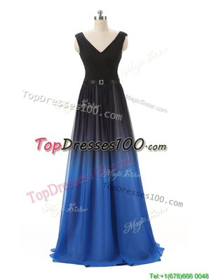 Modest V-neck Sleeveless Dress for Prom Floor Length Belt Blue And Black Chiffon and Tulle