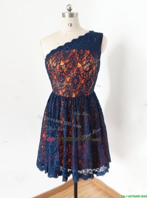 High Class One Shoulder Sleeveless Zipper Party Dress for Toddlers Navy Blue Lace
