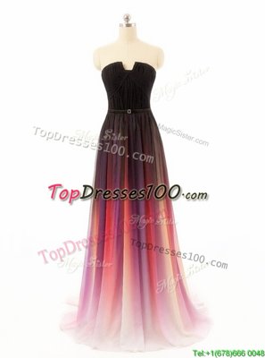 Admirable With Train Zipper Prom Evening Gown Multi-color and In for Prom and Party with Belt Sweep Train