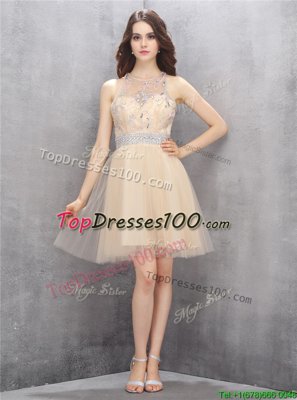 Fitting Scoop Knee Length Champagne Party Dresses Tulle Sleeveless Beading