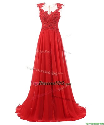 Sumptuous Red Chiffon Zipper Evening Dress Sleeveless With Brush Train Appliques