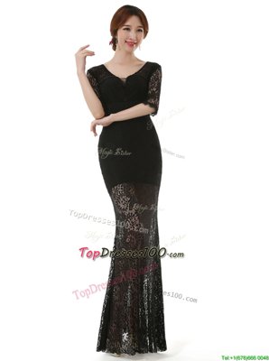 Scoop Black Half Sleeves Lace Zipper Homecoming Dress for Prom and Party