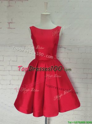 Simple Red Satin Backless Bateau Sleeveless Knee Length Juniors Party Dress Ruching and Bowknot