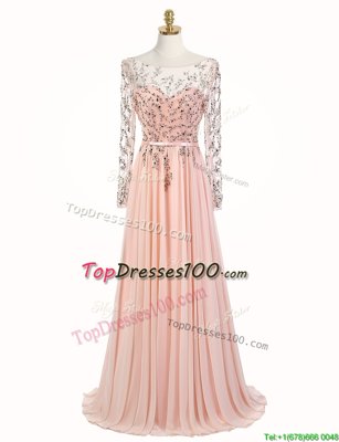 Chiffon Scoop Long Sleeves Sweep Train Backless Beading Prom Dress in Peach