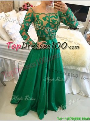 Unique Scoop Long Sleeves Floor Length Side Zipper Prom Gown Green and In for Prom with Beading and Appliques