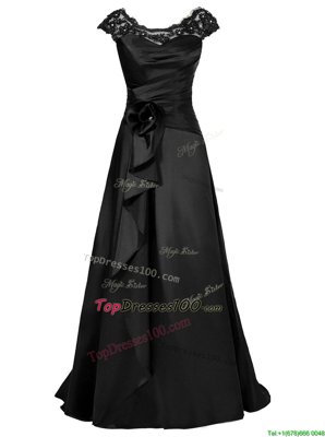 Scoop Black Chiffon Zipper Cap Sleeves Floor Length Beading and Appliques