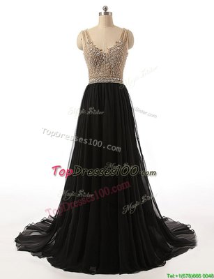 Noble Black Side Zipper V-neck Beading Prom Dresses Tulle Sleeveless Brush Train