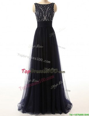 Sweep Train A-line Dress for Prom Black Bateau Tulle Sleeveless With Train Backless
