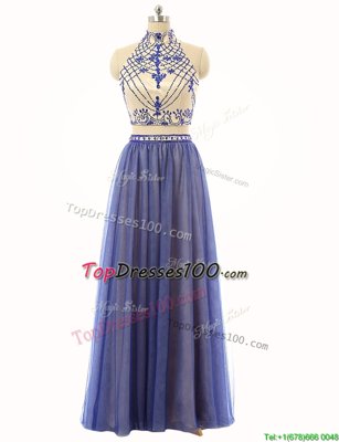 Excellent Sleeveless Floor Length Beading Zipper Prom Evening Gown with Blue