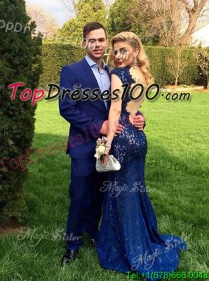 Excellent Mermaid Navy Blue Lace Backless Dress for Prom Cap Sleeves Floor Length Lace