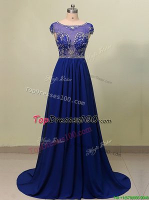 Scoop Cap Sleeves Chiffon With Brush Train Zipper Prom Party Dress in Royal Blue for with Beading