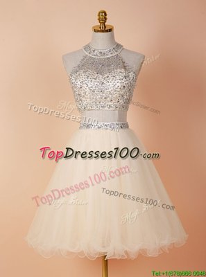 Scoop Champagne Sleeveless Knee Length Beading Backless Party Dress