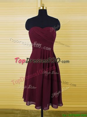 Best Burgundy A-line Ruching Cocktail Dress Zipper Chiffon Sleeveless Knee Length