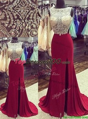 Mermaid Burgundy Bateau Neckline Beading Prom Party Dress Sleeveless Backless