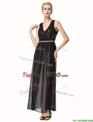 Beading and Pleated Prom Gown Black Backless Sleeveless Ankle Length
