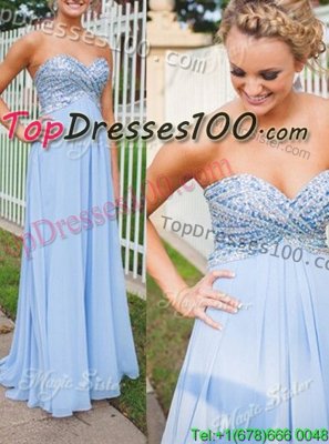 Fine Backless Light Blue Sleeveless Beading Floor Length Dress for Prom