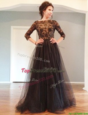 Black A-line Beading and Lace Prom Evening Gown Backless Tulle 3|4 Length Sleeve Floor Length