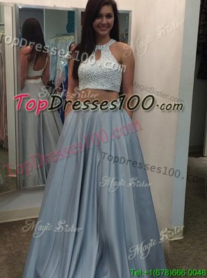 Halter Top Sleeveless Satin Floor Length Backless Prom Gown in Silver for with Beading