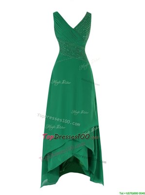 Gorgeous Green V-neck Zipper Beading and Ruching Prom Evening Gown Sleeveless